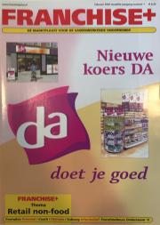 Franchise+ cover met DA-logo, een foto van een winkel en de tekst Nieuwe koers DA doet je goed.