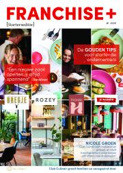 Voorpagina van FranchisePlus 2025 starterseditie met tips voor ondernemers en diverse horecalogos.