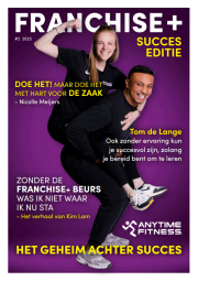 Twee personen in sportkleding poseren vrolijk op de cover van Franchise+ Succes Editie 2025 met diverse citaten.