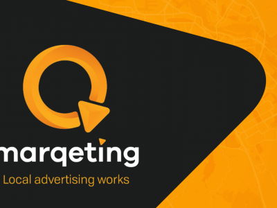 Logo van Marqeting met slogan Local advertising works op een zwart-gele achtergrond.