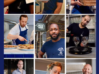 Medewerkers van De Pizzabakkers in verschillende posities, bezig met pizza's, drankjes en een menukaart.