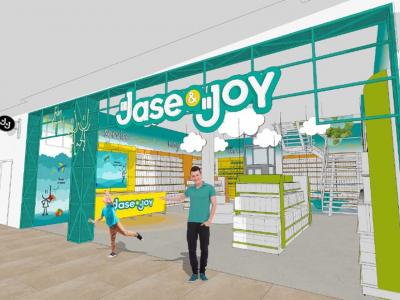 Entree van de eerste Jase&Joy-winkel met kleurrijk logo en moderne interieurinrichting in formulehuisstijl.