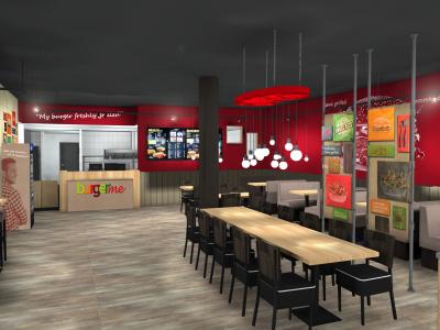 Interieur van een moderne burgerrestaurant met houten tafels, zitbanken, rode en zwarte accenten en verlichtingsarmaturen.