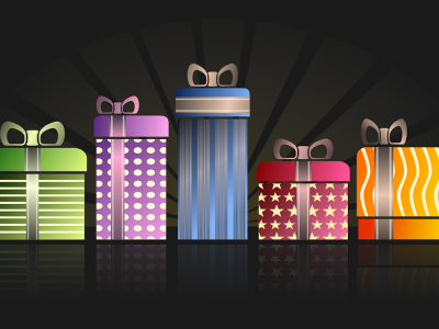 Vijf decoratief ingepakte cadeaus in diverse kleuren en patronen tegen een donkere achtergrond.