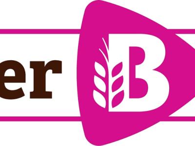 Het logo van Bakker Bart bestaande uit bruine tekst met een roze driehoek en een witte korenaar in het midden.