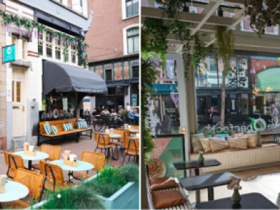 Buitenterras en interieur van Poké Perfect in Rotterdam, met tafels, stoelen en groene planten.