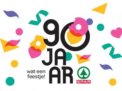 90 jaar SPAR met kleurrijke vormen en het SPAR-logo.