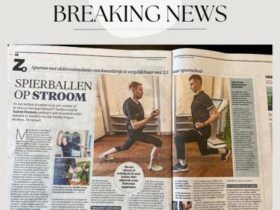 Krantenartikel over een techjournalist die een elektrostimulatie-training uitprobeert bij Wav-e Studios.